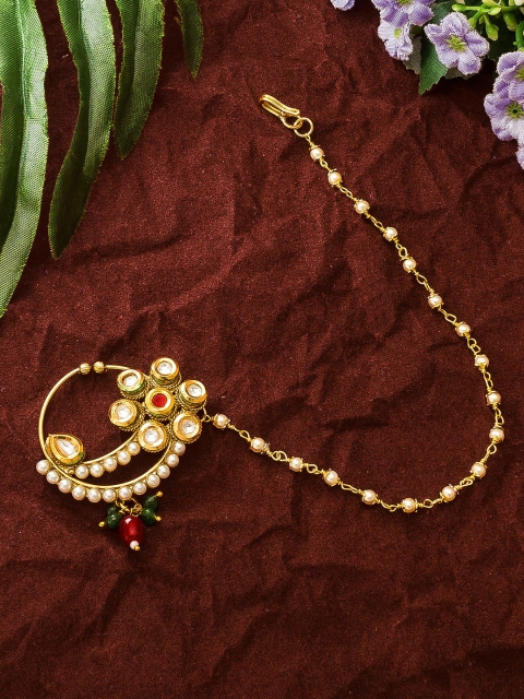 

aadita Gold-Plated AD-Studded & Beaded Nosepin With Chain