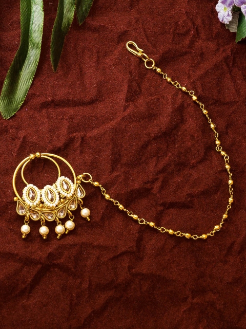 

aadita Gold-Plated AD-Studded & Beaded Enamelled Nosepin With Chain