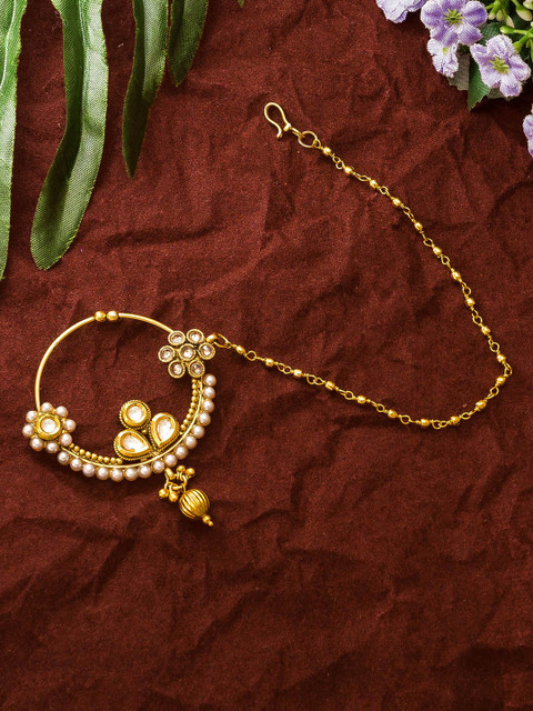 

aadita Gold-Plated White AD-Studded & Beaded Nose Ring With Chain
