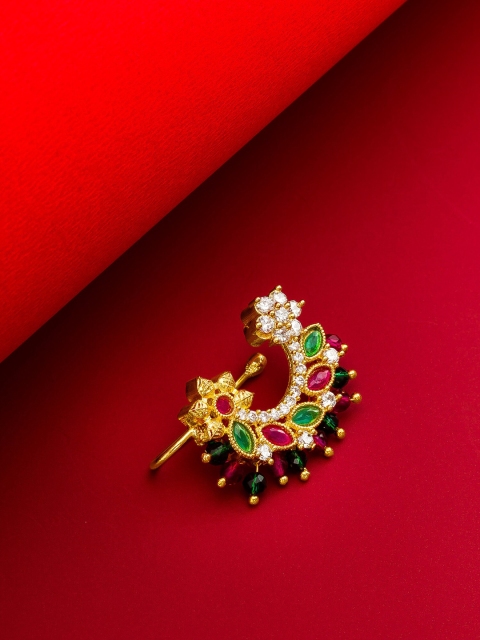 

aadita Gold-Plated AD & Ruby-Studded & Beaded Stud Marathi Nosepin