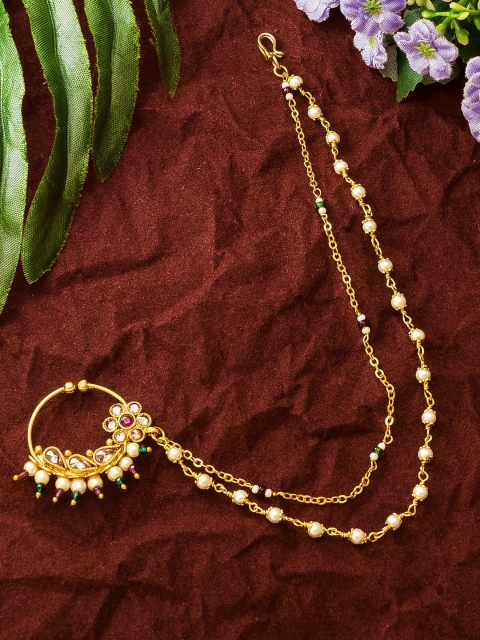 

aadita Gold-Plated White & Pink AD-Studded & Beaded Nose Ring With Chain