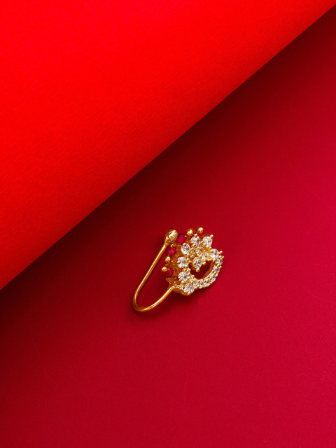 

aadita Gold-Plated White & Red American Diamond Studded & Ruby Enamelled Stud Nosepin