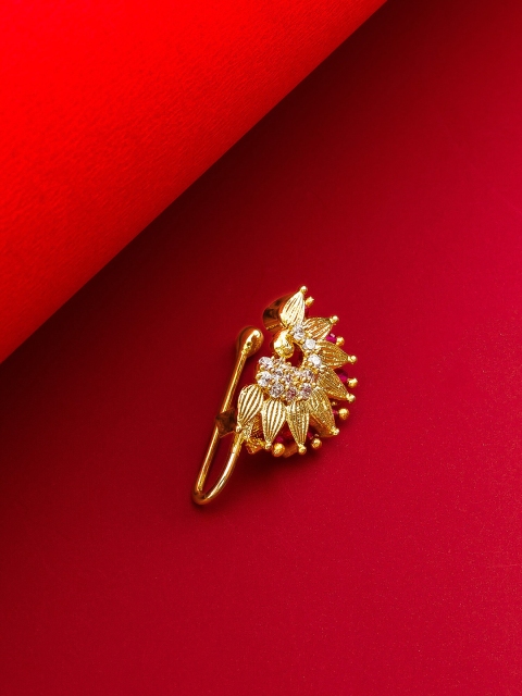 

aadita Gold-Plated White & Pink AD & Ruby-Studded & Beaded Stud Marathi Nose Pin