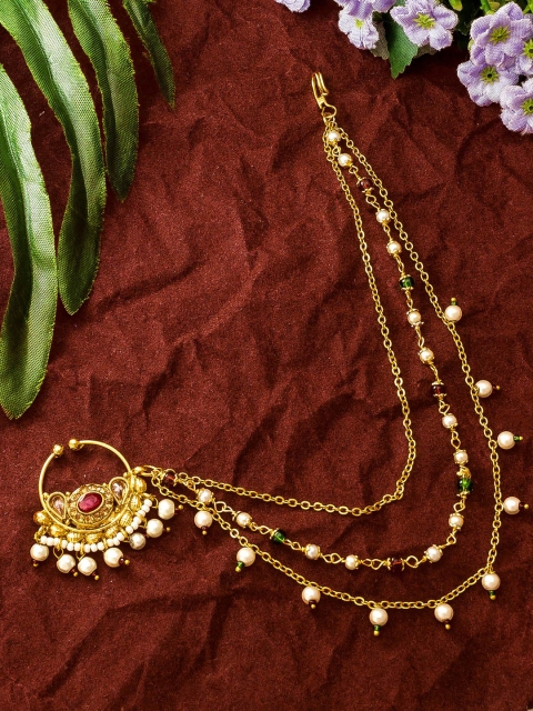 

aadita Gold-Plated AD-Studded & Beaded Enamelled Nosepin With Chain