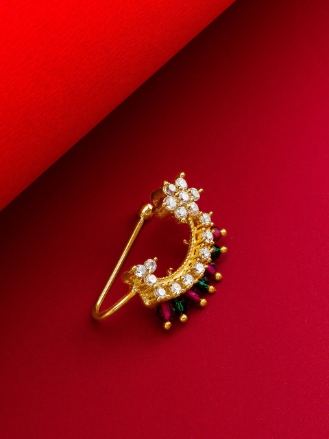 

aadita Gold-Plated AD & Ruby-Studded Enamelled Stud Marathi Nosepin