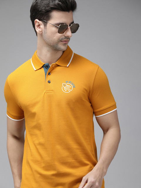 

French Connection Men Mustard Yellow Printed Polo Collar Slim Fit T-shirt