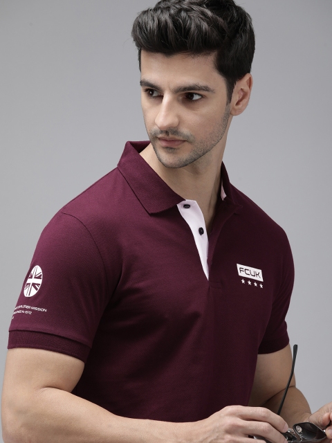 

French Connection Men Maroon & White Brand Logo Printed Polo Collar Pure Cotton T-shirt
