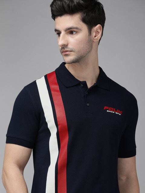 

French Connection Men Navy Blue Printed Polo Collar Slim Fit T-shirt