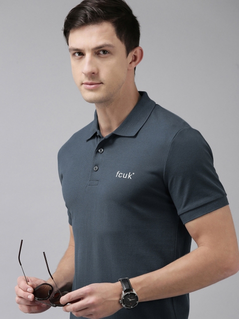 

French Connection Men Teal Blue Brand Logo Printed Polo Collar Pure Cotton T-shirt