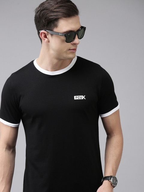 

French Connection Men Black Colourblocked Printed Slim Fit Pure Cotton T-shirt