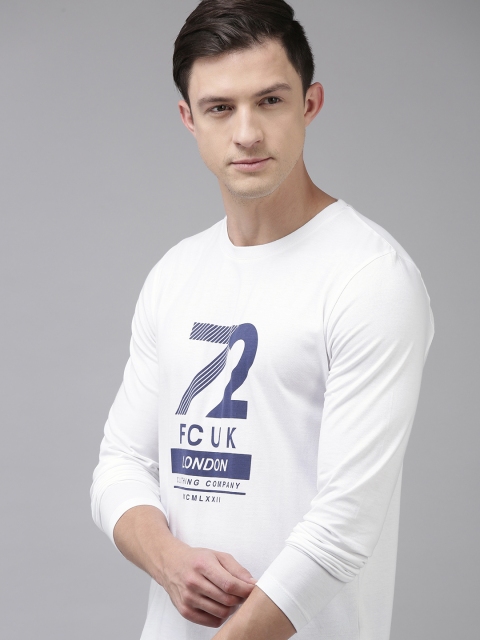 French Connection Men White & Blue Printed T-shirt