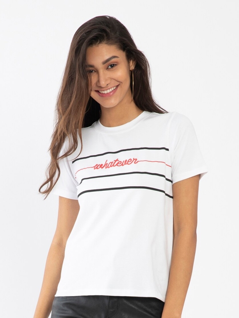 

Zink London Women White Printed V-Neck Drop-Shoulder Sleeves T-shirt
