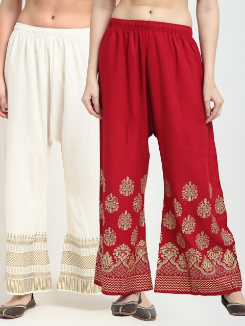 

TAG 7 Women Pack of 2 Off White & Maroon Printed Wide Leg Palazzos