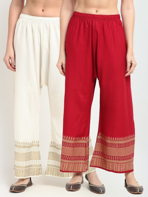 

TAG 7 Women Pack Of 2 Maroon & White Ethnic Motifs Printed Wide Leg Palazzos
