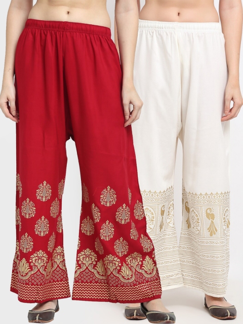 

TAG 7 Women White & Maroon Pack of 2 Flared Ethnic Motifs Printed Palazzos