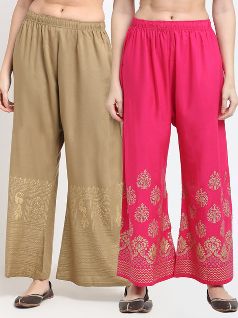 

TAG 7 Women Pack of 2 Beige & Pink Printed Flared Palazzos