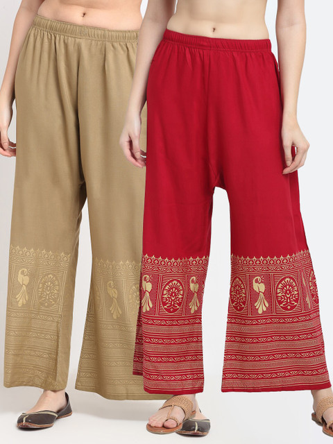 

TAG 7 Women Beige & Red Pack of 2 Flared Ethnic Motifs Printed Palazzos