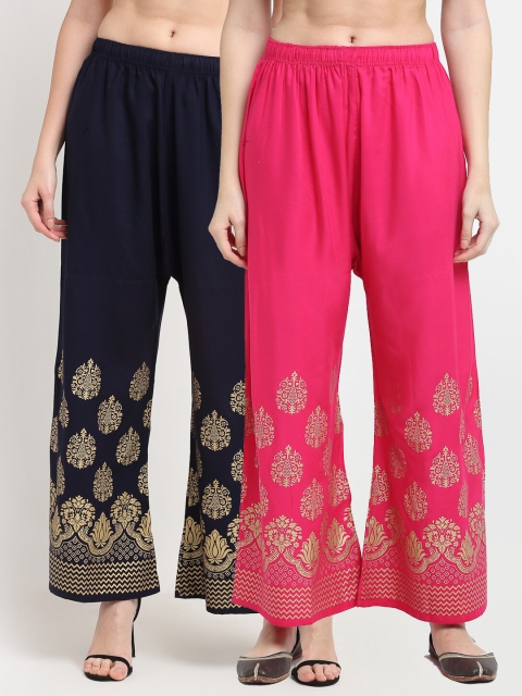 

TAG 7 Women Pack Of 2 Black & Pink Ethnic Motifs Printed Flared Palazzos
