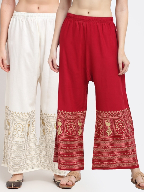 

TAG 7 Women White & Maroon Pack of 2 Flared Ethnic Motifs Palazzos