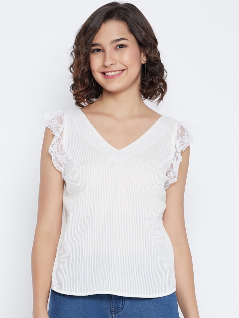 

SECRETS BY ZEROKAATA White Pure Cotton Striped Regular Top
