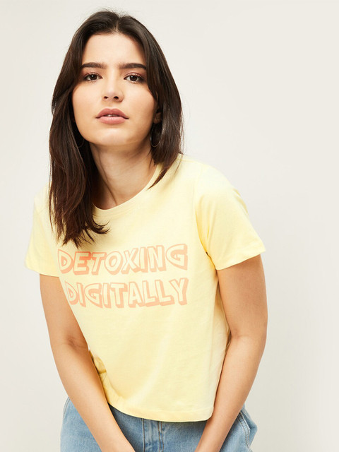 

Ginger by Lifestyle Women Yellow Typography Printed V-Neck Applique T-shirt
