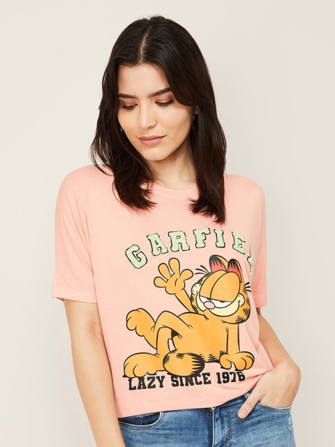 

Ginger by Lifestyle Women Coral Printed V-Neck Applique T-shirt