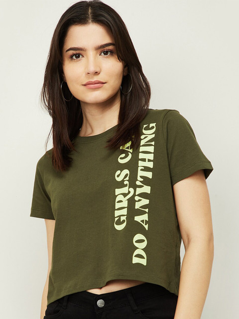 

Ginger by Lifestyle Women Olive Green Typography Printed T-shirt