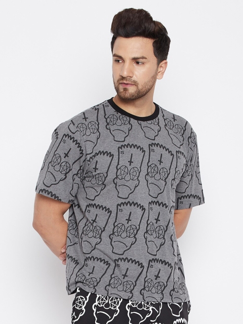 

FUGAZEE Men Grey Black Simpsons Printed Loose Pure Cotton T-shirt