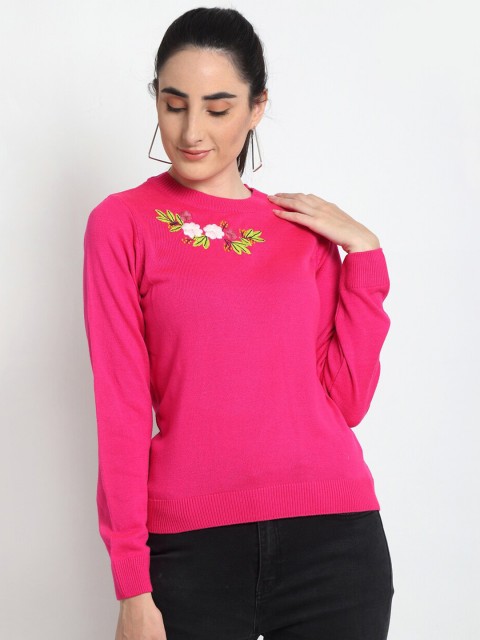 

Club York Women Pink & Green Embroidered Pullover with Applique Detail