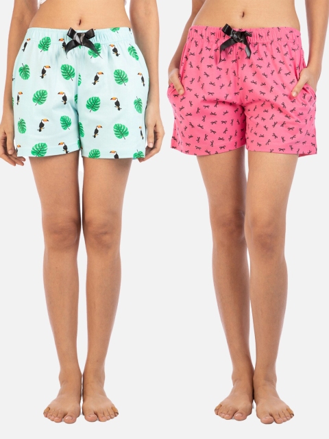 

Nite Flite Women Pack Of 2 Green & Pink Printed Pure Cotton Mid-Rise Shorts