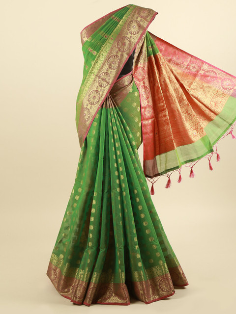 

Pothys Green & Gold Ethnic Motifs Cotton Blend Saree