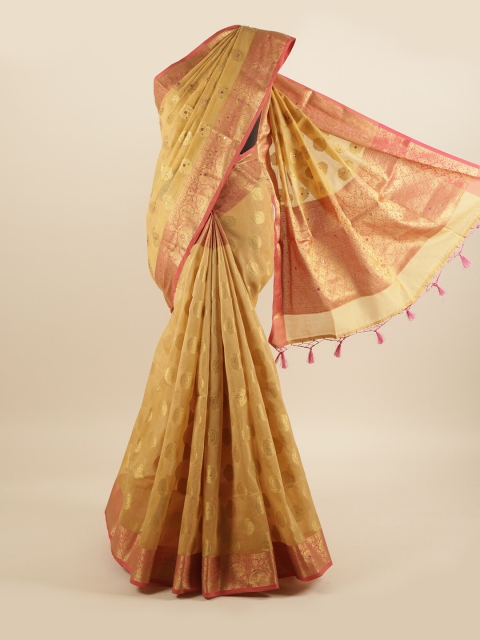 

Pothys Golden & Pink Ethnic Motifs Mirror Work Cotton Blend Saree, Gold