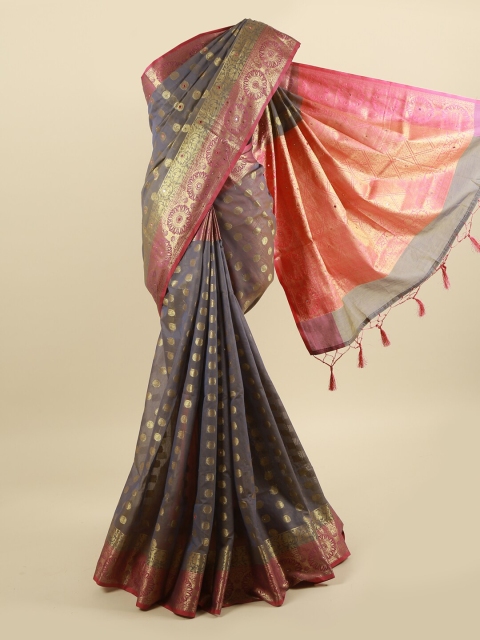 

Pothys Grey & Gold Ethnic Motifs Beads and Stones Cotton Blend Saree With Tasseled Pallu