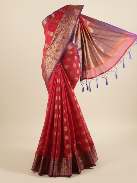 

Pothys Red & Gold-Toned Ethnic Motifs Mirror Work Cotton Blend Saree With Tasseled Pallu