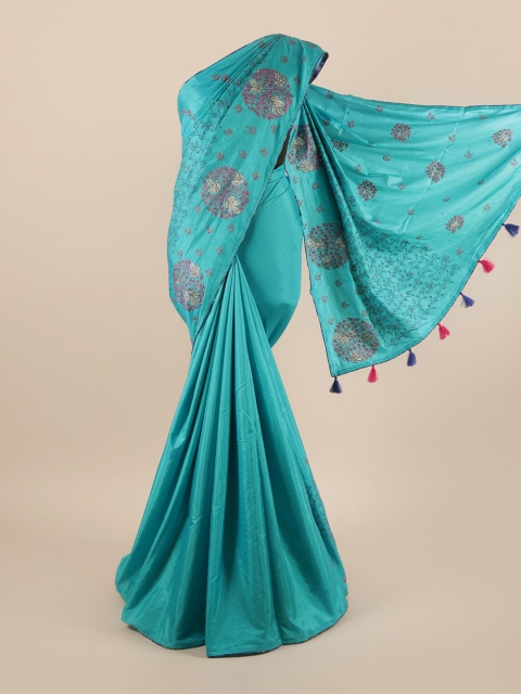 

Pothys Turquoise Blue & Pink Floral Sequinned Art Silk Saree