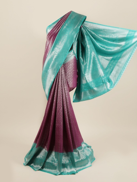 

Pothys Burgundy & Sea Green Ethnic Motifs Pure Silk Banarasi Saree