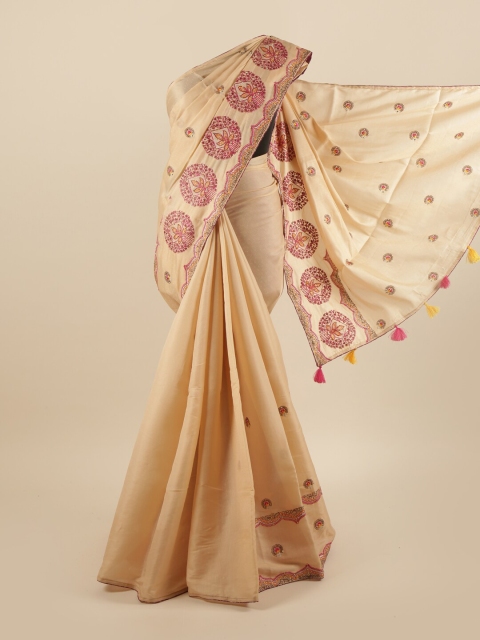 

Pothys Cream-Coloured & Fuchsia Ethnic Motifs Sequinned Art Silk Saree