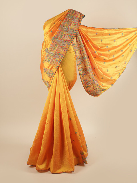 

Pothys Yellow & Silver-Toned Ethnic Motifs Sequinned Art Silk Saree
