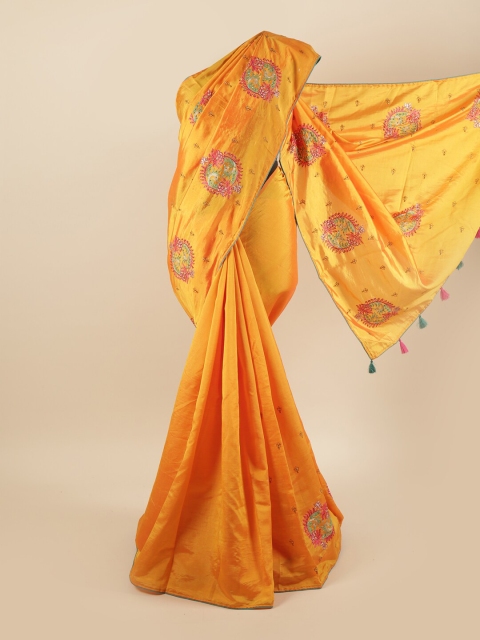 

Pothys Mustard & Pink Ethnic Motifs Sequinned Art Silk Saree