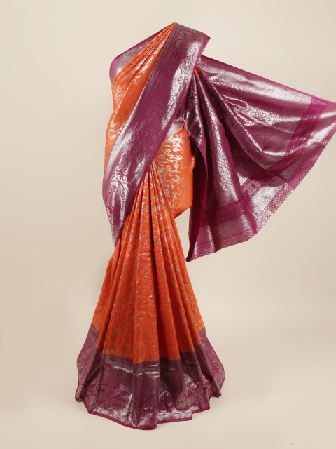 

Pothys Orange & Silver-Toned Ethnic Motifs Zari Pure Silk Banarasi Saree