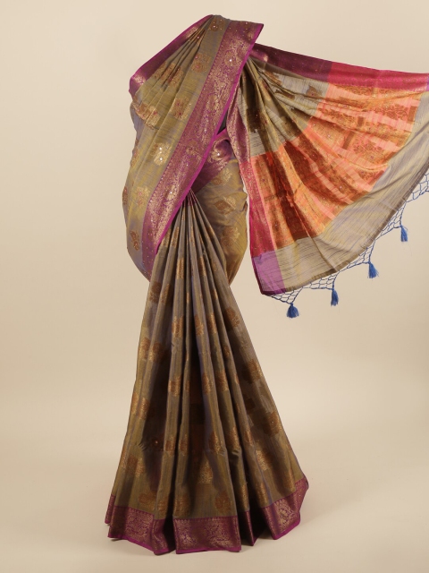 

Pothys Tan & Pink Ethnic Motifs Mirror Work Cotton Blend Saree With Tasseled Pallu