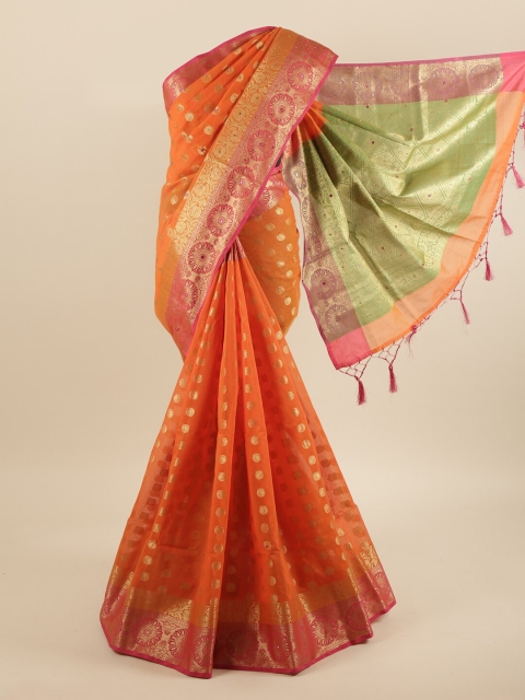 

Pothys Orange & Gold Ethnic Motifs Mirror Work Cotton Blend Saree