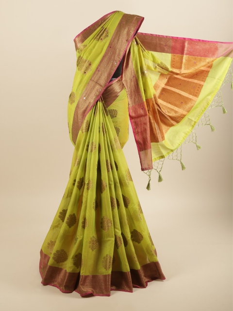 

Pothys Green & Gold Ethnic Motifs Mirror Work Cotton Blend Saree With Tasseled Pallu