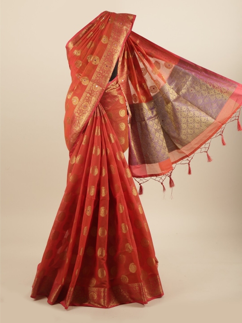 

Pothys Rust Red & Gold Ethnic Motifs Mirror Work Cotton Blend Saree With Tasseled Pallu
