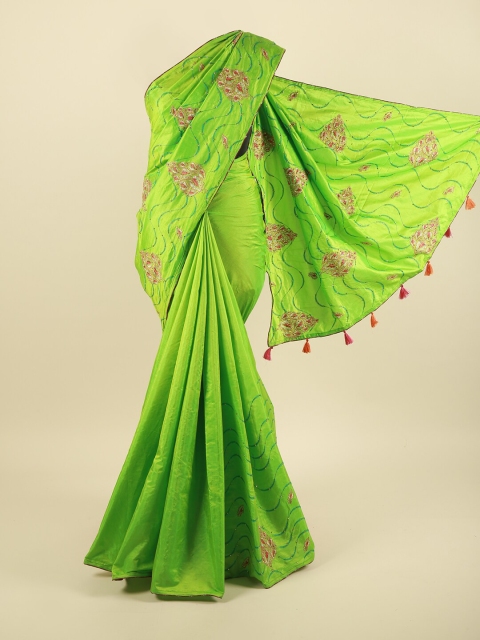 

Pothys Green & Red Ethnic Motifs Sequinned Art Silk Saree