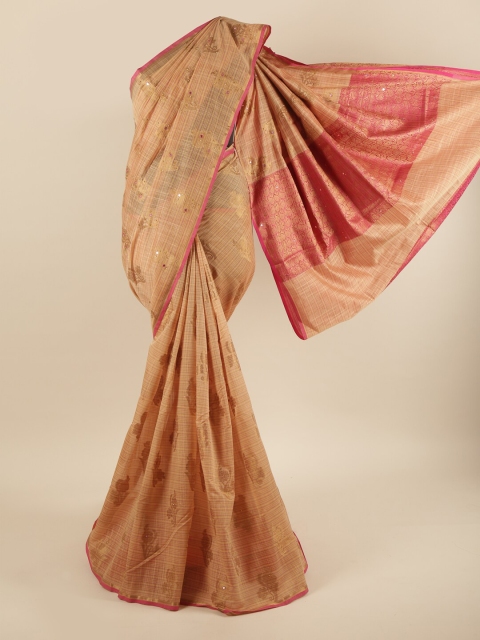 

Pothys Cream & Gold Ethnic Motifs Mirror Work Cotton Blend Saree