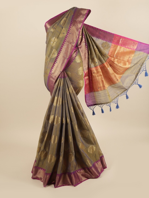 

Pothys Tan & Gold-Toned Ethnic Motifs Mirror Work Cotton Blend Saree
