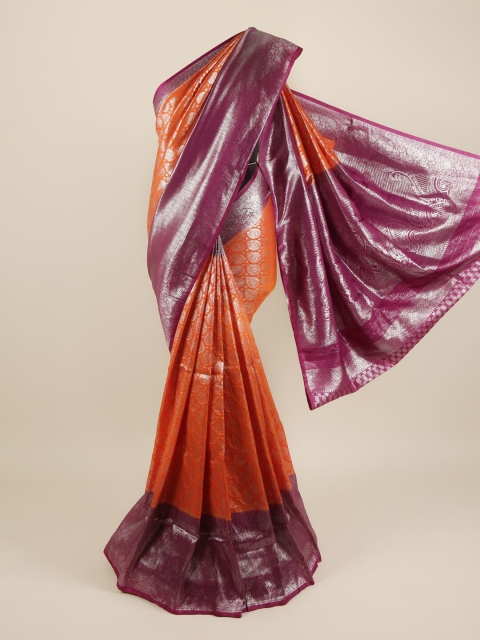 

Pothys Orange & Silver Ethnic Motifs Zari Pure Silk Banarasi Saree