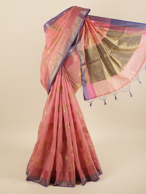 

Pothys Pink & Gold Ethnic Motifs Mirror Work Cotton Blend Saree With Tasseled Pallu