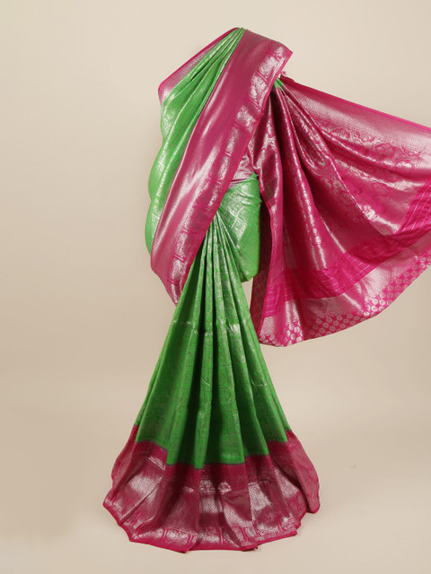 

Pothys Green & Silver Ethnic Motifs Zari Pure Silk Banarasi Saree